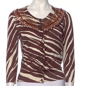 Kate Spade New York W’s Brown Zebra Print Cardigan Sweater S Beaded Embellished